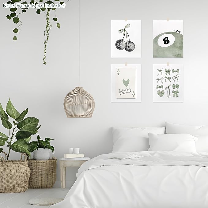 bakbrand Wall Art Minimalist Aesthetic Wall Decor Coquette Modern Canvas Decor Posters Trendy Preppy Bow Picture Print Painting for Bedroom/Living Room, Set of 4 Pcs Unframed (AC1, Green, 8W x 10L)