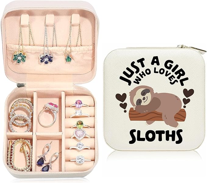 Sloth Travel Jewelry Case,Jewelry Box Travel Organizer Small PU Leather Rings Earrings Necklaces Storage Box Valentine's Day Sloth Gifts for Women,Daughter, Girlfriend,Mom,Wife,Bridesmaids