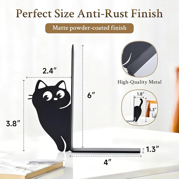 BEISE Book Ends Gifts for Cat Lovers, Decorative Metal Cat Bookends for Bookshelf & Desk, Cute Black Kittens CD Book Holder, Kitchen Organizer for Shelf, Home Office Decor, Unique Book Lover Gift