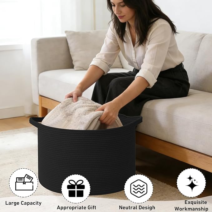 115L Extra Large Blanket Basket,Woven Rope Laundry Basket Hamper with Handles, Decorative Nursery Basket Storage Bin for Toys, Clothes Organizer, Living Room, Bedroom, Bathroom, Black