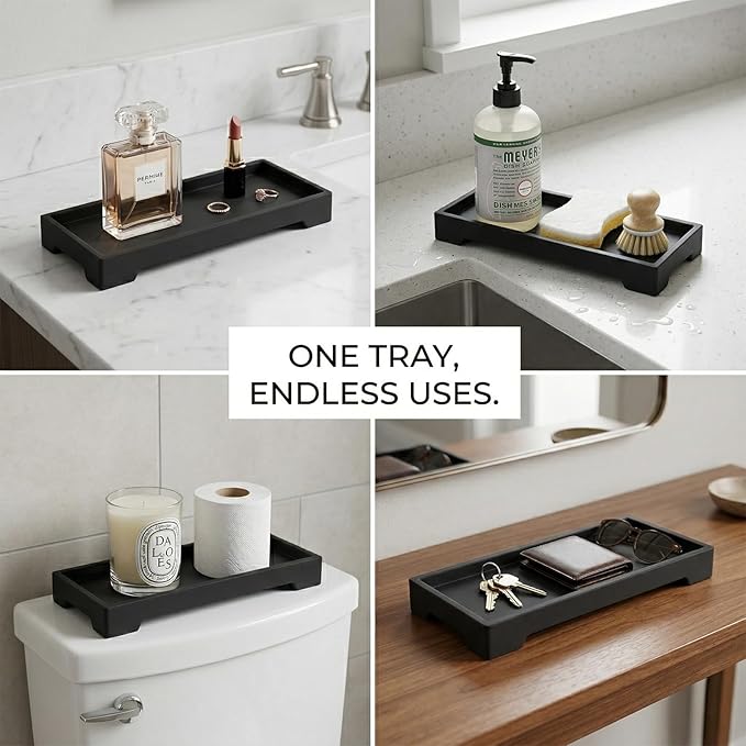 Countertop Vanity Tray - Silicone Bathroom Sink Organizer & Kitchen Soap Tray, Footed Anti-Slip Design, Waterproof Caddy for Perfume, Jewelry, Makeup, Bottle, Oil, Sponge Holder, Black (L10 x W 4.2")
