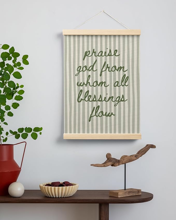 FGFK Sage Green Christian Wall Art Poster Hanger Frame, Trendy Striped Praise God From Whom All Blessing Flow Bible Verse Scripture Canvas Prints Framed Wall Decor for Room Home Dorm, 12x16 Inch