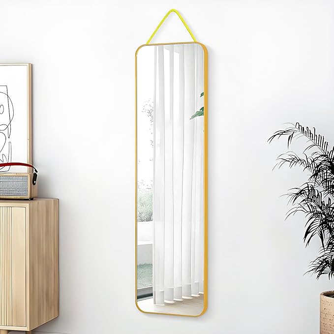 SCWF-GZ 47x14 Mirror Full Body Length Door Hanging/Rope Hang/Wall Mounted Metal Frame Rectangle Mirrors for Bedroom Bathroom Dressing Living Room 47 inch Gold