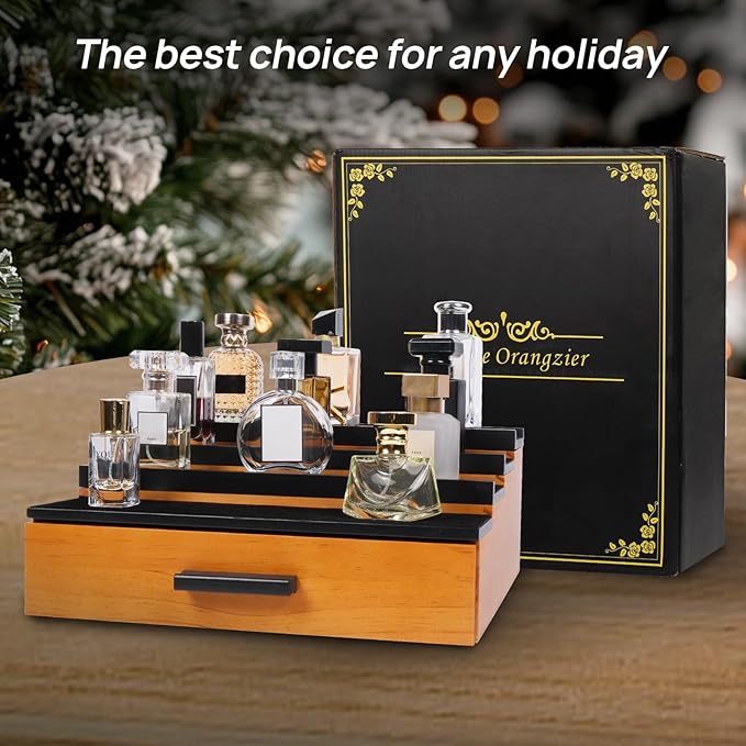 Cologne Organizer for Men，4 Tier Wood Perfume Display Stand with Velvet Lining Drawer and Hidden Compartment ，Perfume Organizer for Men，Great Gift for Man (Walnut Black)