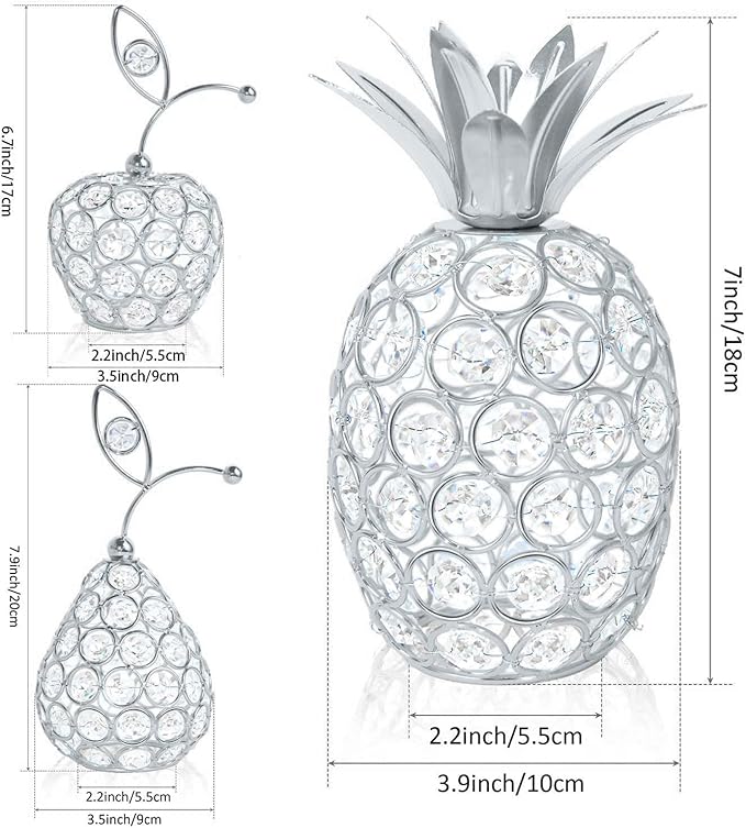 Set of 3 Crystal Metal Pineapple Pear Table Centerpiece Handmade Crystal Candlestick Hollow Fruit Ornament Home Party Wedding Holiday Bar Decoration (Silver, Set of 3)