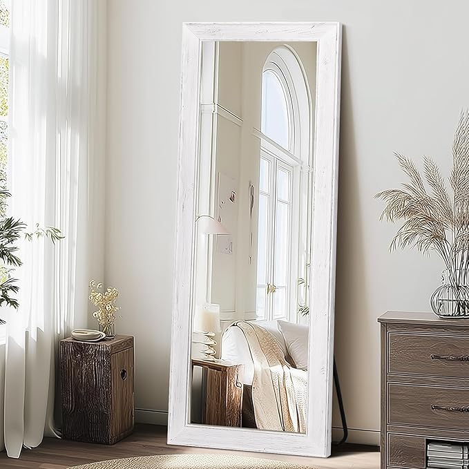 Full Length Mirror 65"x24" - Beveled Edge Rustic White Dressing Mirror, Solid Wood Frame, Wall Mounted or Standing for Bedroom, Entryway, Living Room
