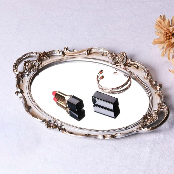 Zosenley Polyresin Ellipse Antique Decorative Mirror Tray, Makeup Organizer, Jewelry Organizer, Serving Tray, 9.8”x 14.6”, Golden Silver