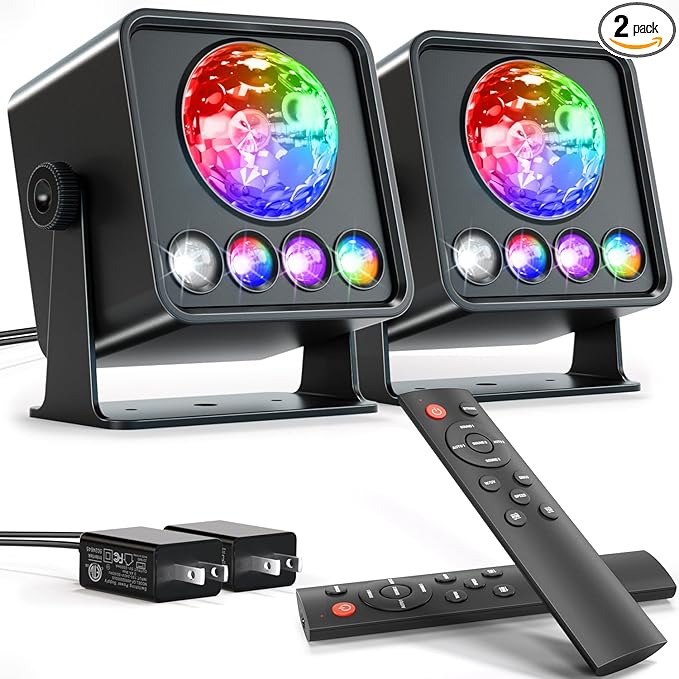 2-Pack Disco Ball Party Lights Disco Light Sunset Lamp Projector with White+RGB+UV+YGB Modes LED Strobe DJ Stage Lights for TIK Tok Live Photography Home Room Dance Birthday Christmas Halloween Décor