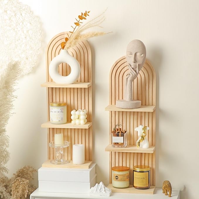 Geetery 2 Pcs Boho Wall Shelf Arch Wooden Floating Shelves Mid Century Rainbow Wall Shelf Hanging Holder Double Vintage Mount Altar Decor for Nursery Bedroom(3 Tier)
