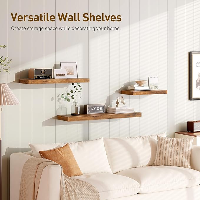 RALGEND Floating Shelves for Wall, 31.5" Long Wall Shelf Set of 4 with Invisible Brackets, 1.5" Thick Hanging Shelves Farmhouse Home Decor for Bathroom, Living Room, Bedroom, Rustic Brown 8301BJP4BF