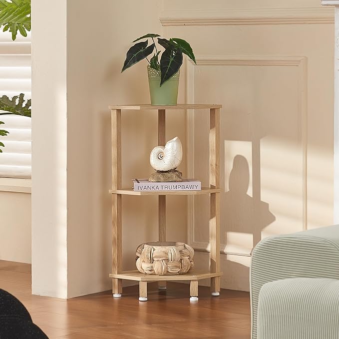 YUFAM 3-Tier Corner Shelf with Sturdy 5-Leg Base, 29in Tall Narrow Bookcase for Small Spaces, Wooden Plant Display Shelf, Thin Bookshelf for Living Room, Bedroom, Office, Natural