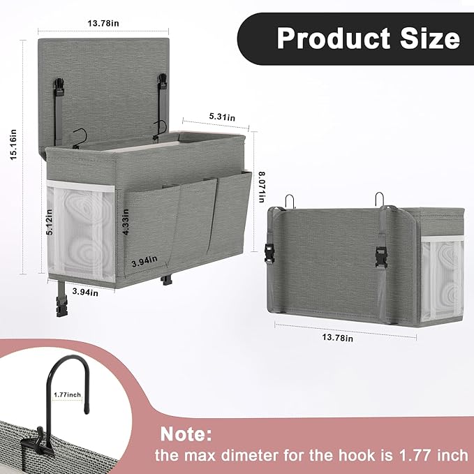 Edudif Dual-purpose Bedside Caddy Bedside Organizer, Bed Caddy with 6 Pockets, Versatile Bedside Storage Solution Magazine Remotes holder, ideal for Home, Dorm, Hospital, Crib Bed (Grey 2pcs)