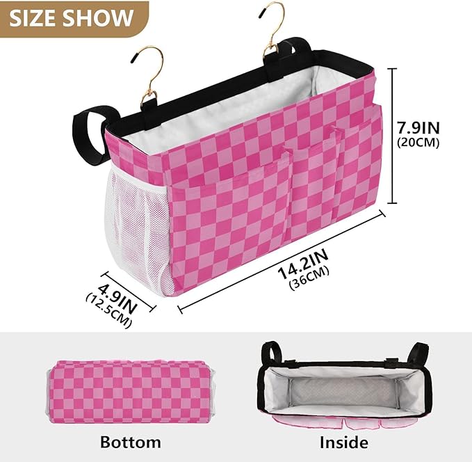 Pink Checkered Print Bedside Caddy Storage Bag Bedside Organizer for Bunk Bed Headboards College Organizer Caddy Hanging Shelf 6 Pockets with Hooks for Drinks Magazine Phone Holder