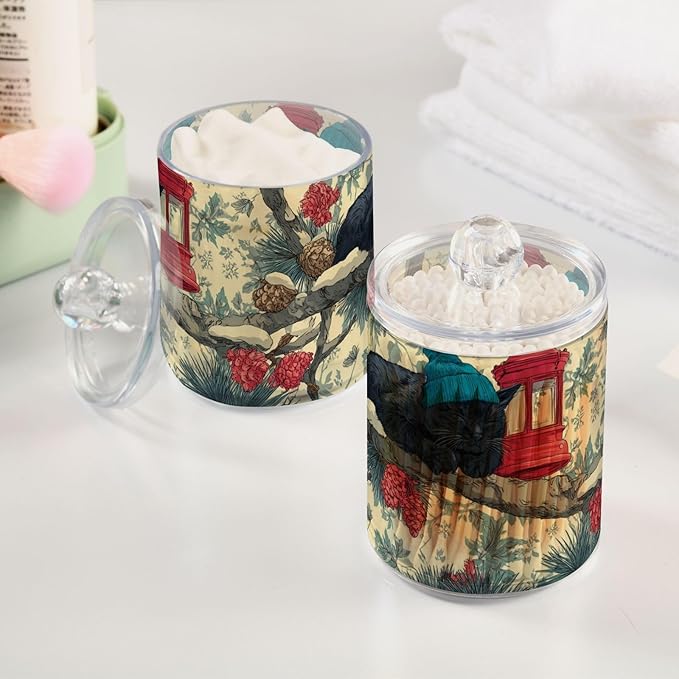 2 Pack Apothecary Jars Overly Cute Vintage Birds Bathroom Vanity Storage Organizer Set,Small Clear Plastic Storage Jars Bathroom Canister for Cotton Swabs, Rounds, Balls, Qtips,Makeup Sponges,