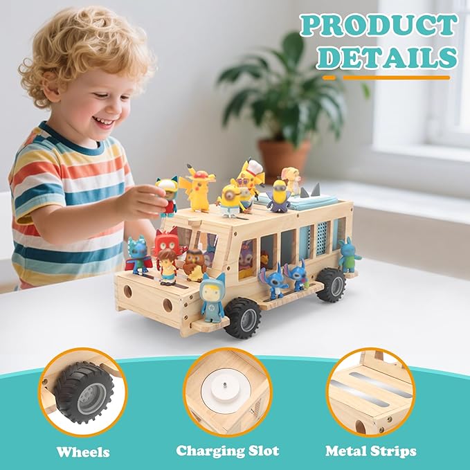 School Bus for Tonies Box 1/2 Organizer Shelf Storage, Wooden Bus Magnetic Storage Holder for Toniebox Player Tonies Figures Characters for Children, Display Collection 20~30 Tonie Box Characters
