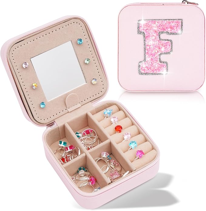 Uygafly Personalized Jewelry Case for Women Girls - Fashion Mini Jewelry Boxes - Trendy Travel Jewelry Organizer with Initials Letter - Teen Gifts | Pink,F