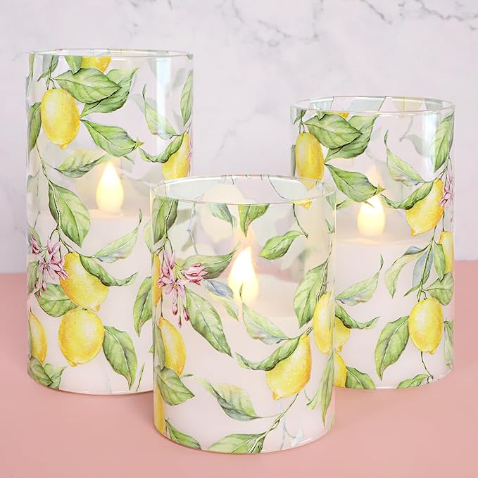 Lemon Glass Flameless Candles with Remote Timer Battery Operated LED Flicker Real Wax Pillar Candles Spring Summer Lemonade Party Kitchen Table Dinner Christmas Holiday Decor D3 x H4, 5", 6"