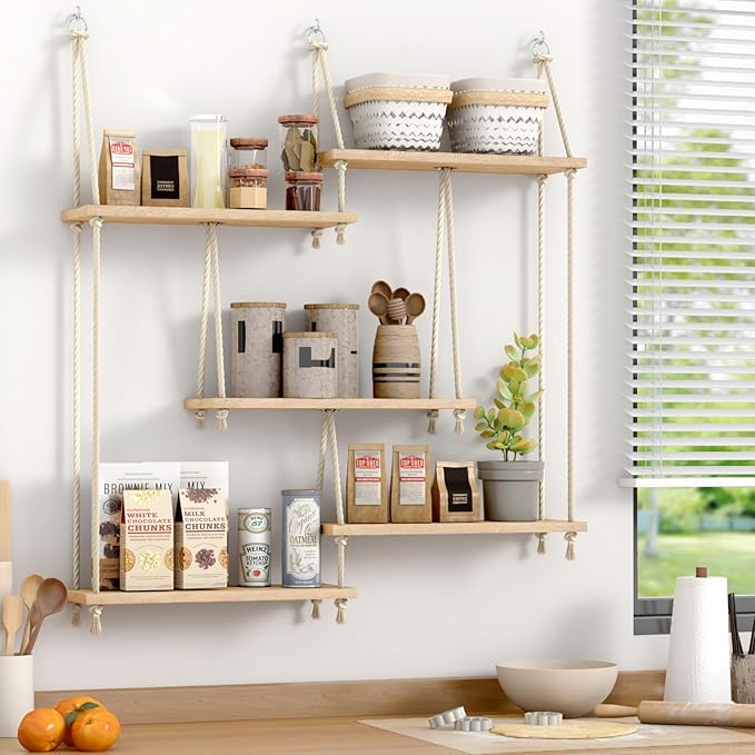 5 Tier Hanging Wall Shelves, Boho Rope Hanging Plant Stand with LED Vine Lights, Rustic Wood Floating Shelves Organizer for Bedroom Kitchen Living Room Wall Decor (Five-Tier Rope Rack)