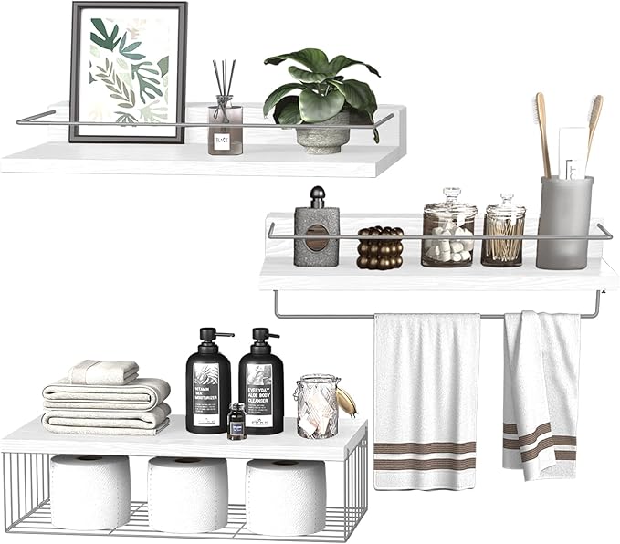 PopiShelves 22.5 inches Bathroom Shelves Over Toilet for Wall, Floating Shelves with Storage Basket Paper Holer for Kitchen Living Room, Bedroom & Classroom, Set of 3 (White and Grey)