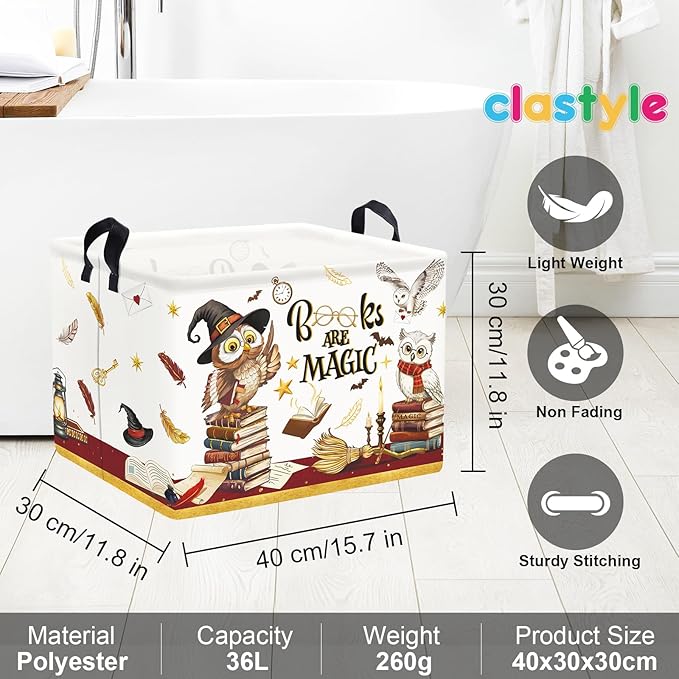 Clastyle Magic Nursery Decor Baby Basket Large Brown Feather Wand Hat Toy Box Broomstick Owl Kid Gift Book Shelf Basket Collapsible Clothes Organizer Bin, Hat, 40x30x30 cm