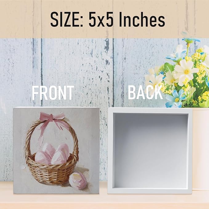 Pink Bow Easter Egg Wood Box Sign Desk Decor, Pink Easter Theme Wooden Block Box Sign Decoration for Home Office Shelf Table Decor 5x5