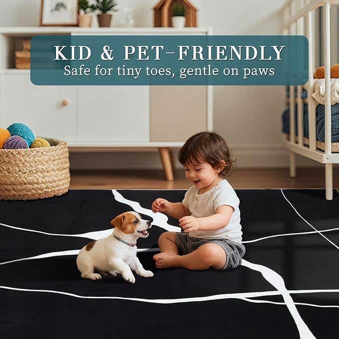YIHOUSE Abstract Washable Rug 8x10,Ultra Thin Non Slip Black Rugs for Living Room,Modern Minimalist White Stripe Rugs for Bedroom,Dining Room Office Playroom(6'x9',Black-White)