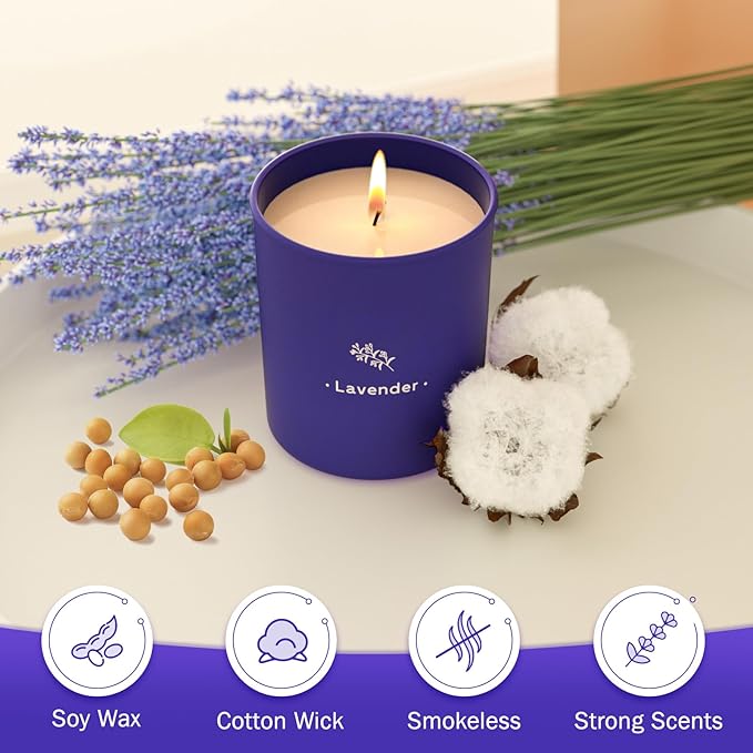 TranquilBliss Lavender Candles for Home Scented, 8 oz Scented Candles Present, Purple Jar Wax, Made with Soy for Women, 45 Hour Long-Lasting Burn for Girl Women Birthday Present Giving - 4 Pack