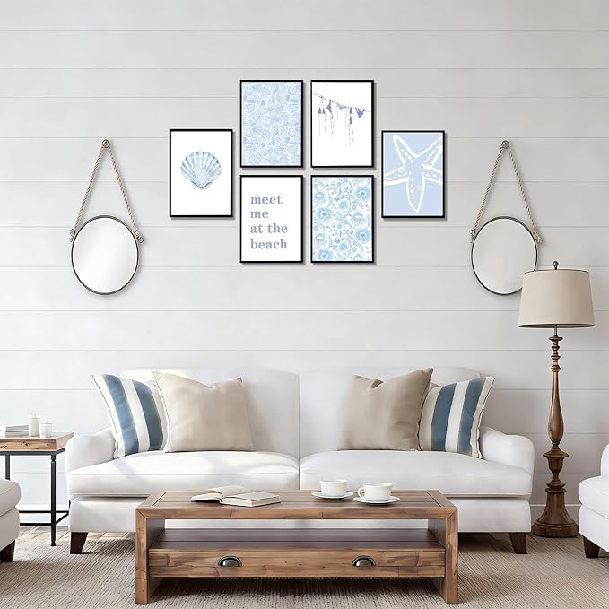 Zuowclli 6Pcs Coastal Granddaughter Wall Art Prints Blue Beachy Shell Bikini Wall Decor Pictures Summer Meet Me At The Beach Preppy Aesthetic Posters for Girly Bedroom Dorm Apartment Unframed 12x16in
