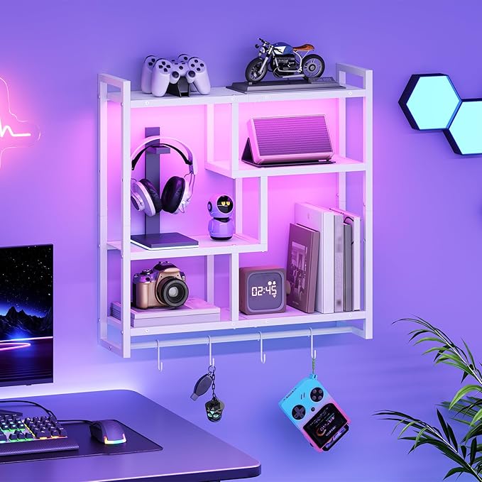 HOOBRO Gaming Floating Shelves with LED Lights, 28.7" LED Wall Mounted Shelf, 4-Tier Floating Wall Shelf for Storage, Display Rack with Hanging Bar and 4 S Hooks, for Gaming Room, White WT37DBJ01