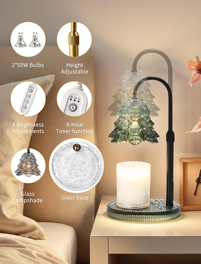 Candle Warmer Lamp with Timer & Dimmer, Crown Glass Lamp Candle Warmer for Jar Candles, 2 Bulbs, Height Adjustable Electric Wax Warmer for Elegant Home Decor (Evergreen Glow)