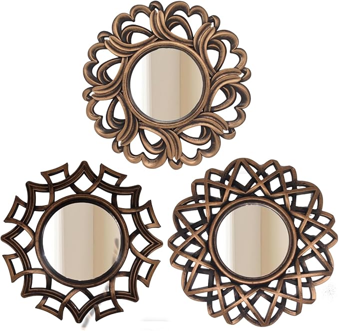 Retro Gold Mirrors for Wall Pack of 3. Geometric Lines Round Mirrors. More Contemporary Sense. Decorative Mirrors.Wall Mirrors for Decor Home Decor.Plastic Frames.Glass Mirrors.Make Old Gold Color.