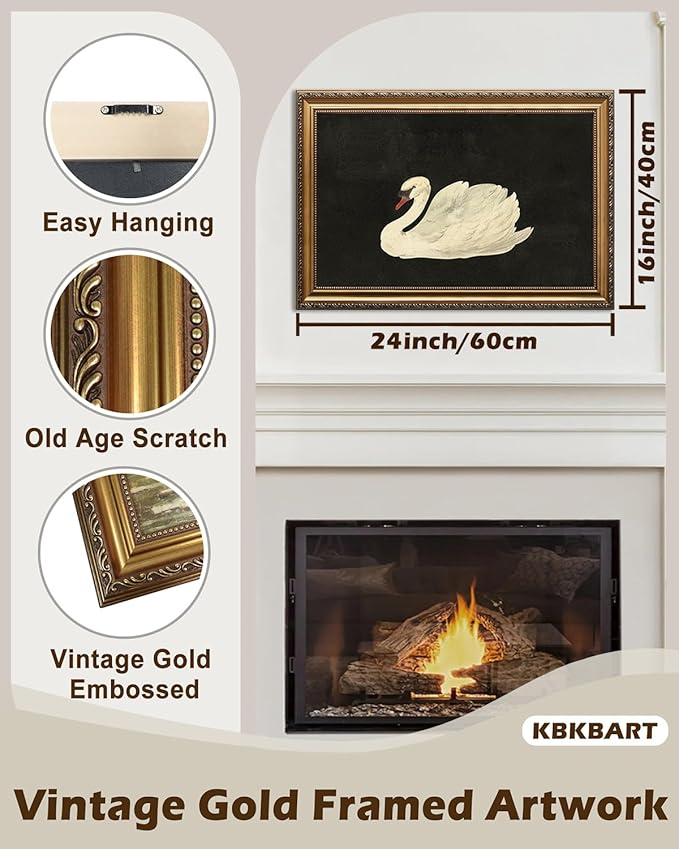 KBKBART Vintage Framed Wall Art for Living Room, White Swan Vintage Painting Canvas Wall Art Prints for Bathroom Wall Decor, Classical Gold Framed Animal Vintage Wall Decor Aesthetic for Bedroom, 16"x24"