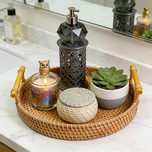 24cm/9.45in Oval Rattan Woven Tray Basket with Handles, Hand Woven Round Rattan Serving Decorative Wicker Trays for Table Decor (M)