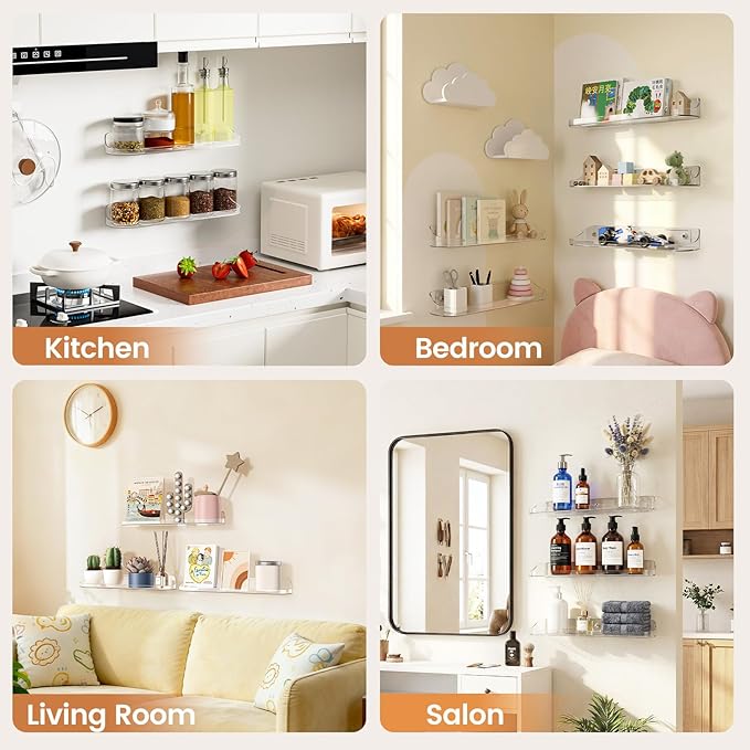 SpaceWhisper Floating Shelves for Wall, 4-Pack 15" Wall Shelves for Bathroom, Bedroom, Kitchen, Living Room, Display Hanging Shelf Organizer for Book, Picture Ledge, Figure Storage, Room Decor (Clear)