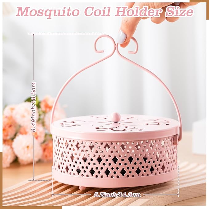 4 Pieces Mosquito Coil Holder Incense Coil Holder Round Retro Portable Metal Hanging Incense Burner with Handle for Home Camping Indoor Outdoor Patio(Pink)
