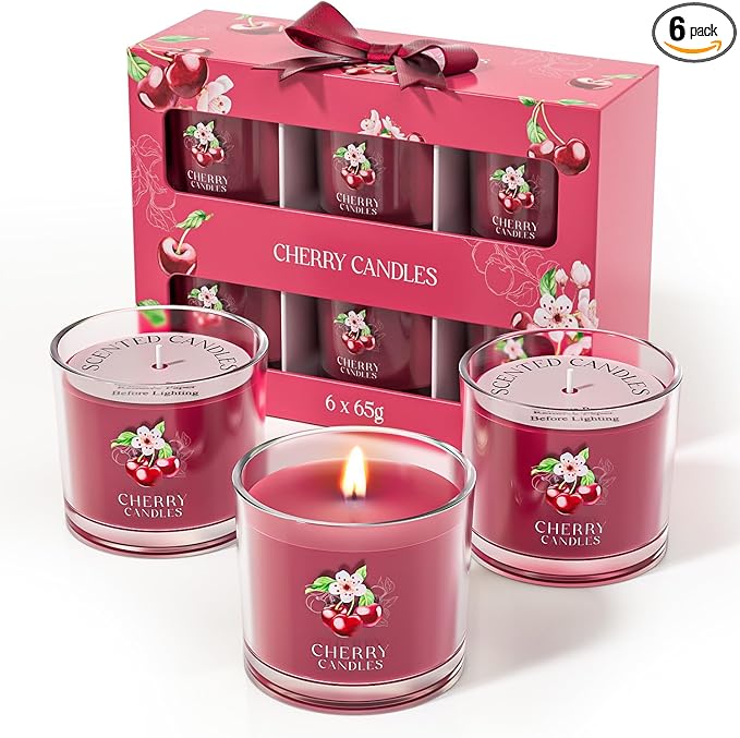 CHILLFLAME Cherry Candle, Scented Candles Gifts for Women, Candles Gift Set for Her, 6 Scented Votive Candles, Birthday Gifts for Women/Men (Red, 14 oz)