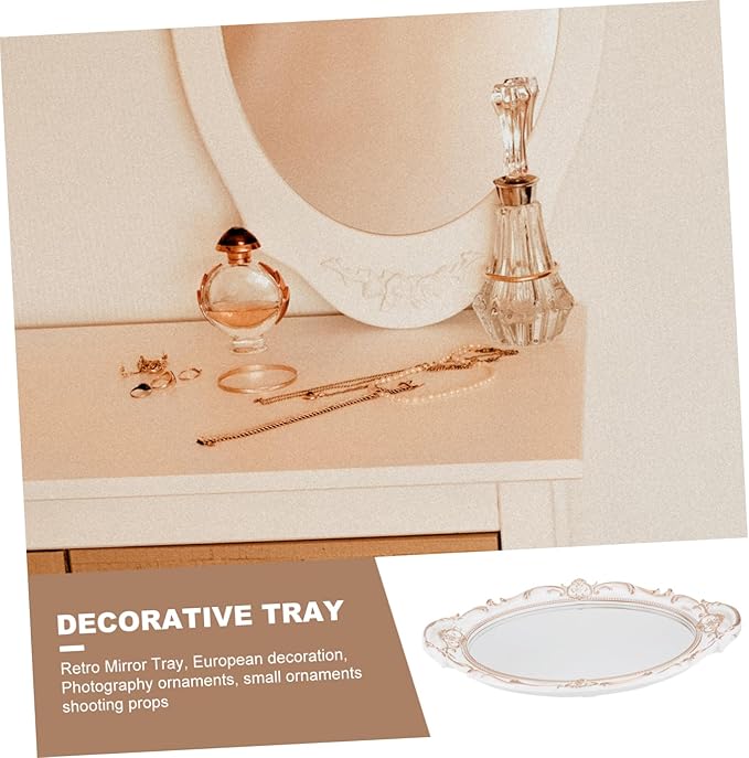 Lurrose Oval Vintage Decorative Mirror Tray with Plastic Frame and Handles Elegant French Style Makeup and Jewelry Organizer Serving Tray for Living Bathroom Shop and Party Decor