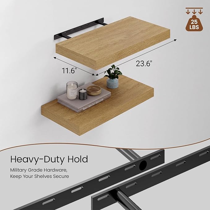 Heimlove 12" Deep Floating Shelves for Wall, 24 Inch Shelf Bathroom Shelves Set of 2, Mounted Shelves for Books Living Room Laundry Room Bedroom Kitchen Home Office, Oak