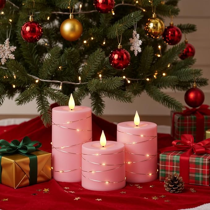 Raycare Easter Pink Flameless Candles with Remote Timer, Flickering Battery Operated LED Pillar Fake Candle with String Lights for Home Decor, Christmas, Wedding and Gift, Set of 3