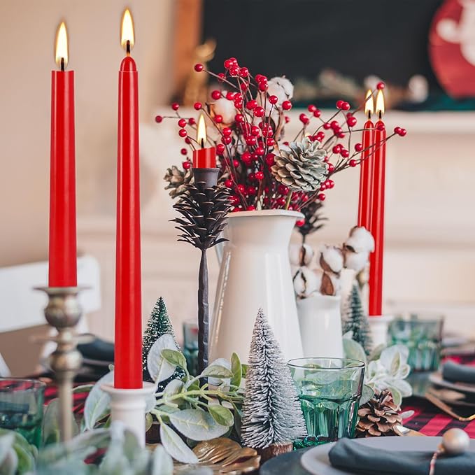 YOROXRG 24 Pack Red Taper Candles, 7-8 Hours Burn Time, Unscented, Smokeless and Dripless, 0.75 x 10 Inch Dinner Candle Set for Christmas,Household, Wedding, Party and Home Décor Candlesticks