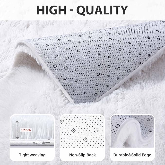 FinRèc White Rugs for Bedroom Living Room, 3x5 Feet Fluffy Shaggy Area Rug, Non-Slip Soft Shag Rug for Nursery Kids Room Dorm Room Home Decor, Indoor Plush Floor Carpet