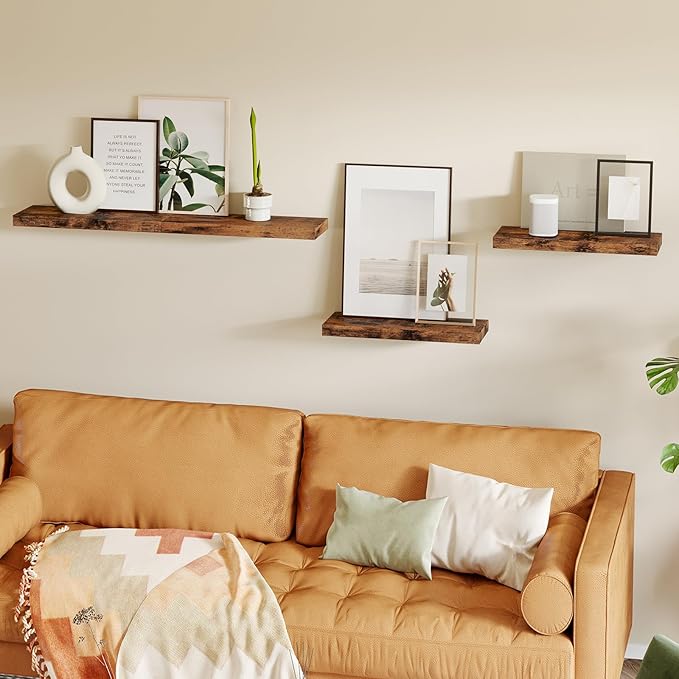Fixwal Wood Floating Shelves, Wall Shelves Set of 4, Shelves for Wall Decor, with Invisible Brackets for Bathroom, Living Room,Bedroom and Kitchen(Rustic Brown) | Wall Shelves, for Bathroom, Living Room, Bedroom, Kitchen