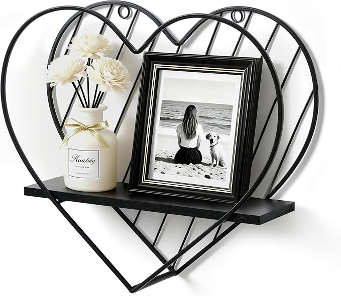 Afuly Floating Shelves - Black Wall Shelf, Heart Shaped Modern Minimalist Storage Rack Organizer for Bedroom, Bathroom, Living Room Home Decor