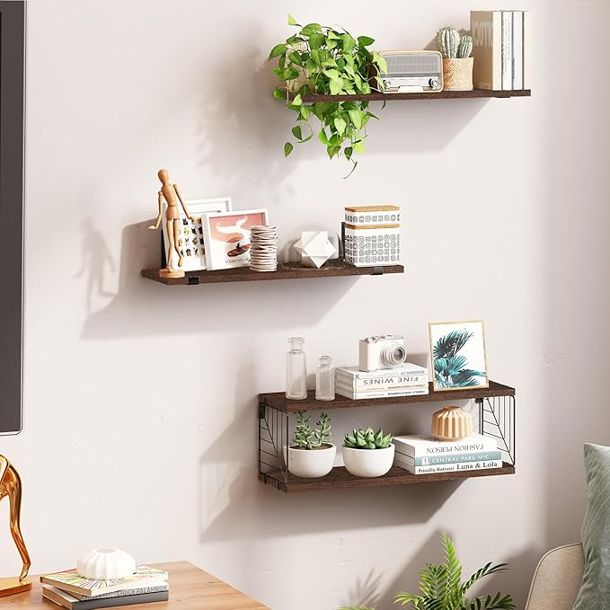 Fixwal Bathroom Floating Shelves Over Toilet, 15.8in Farmhouse Rustic Wood Shelves, Wall Decor for Bathroom, Living Room, Bedroom and Kitchen (3 Plus 1 Tier Dark Brown)