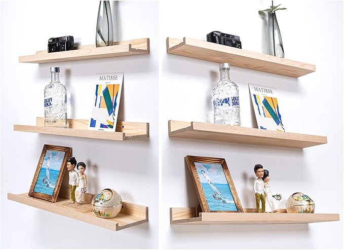 AZSKY 24 Inch Picture Ledge Floating Shelves Set of 3, Solid Wood Wall Mounted Photo Shelf & Nursery Bookshelf for Bedroom, Living Room, Kitchen, Bathroom Decor & Storage- Display Frames, Plants