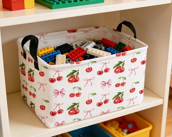 Essme Rectangular Kids Baskets,Cherry Storage Box,Cute Basket for Kids with Handles for Room Decor, Book Bins,Shelf Basket.(Cherry)