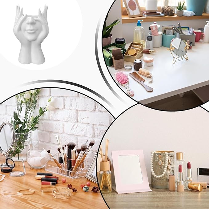 Women's Head Shape Boho Feminist Decoration Body Vase Head Vase Vintage Makeup Brush Holder Boho Makeup Organizer Rotating Makeup Organizer Idealized for Home Decor (white)