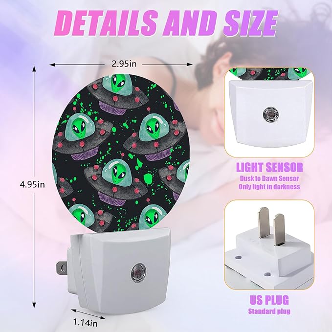 Alien Night Light Spaceship Night Lights LED Lamp Round Plug into Wall Nightlight with Dusk to Dawn Sensor Home Hallway Stairway Kitchen Decor