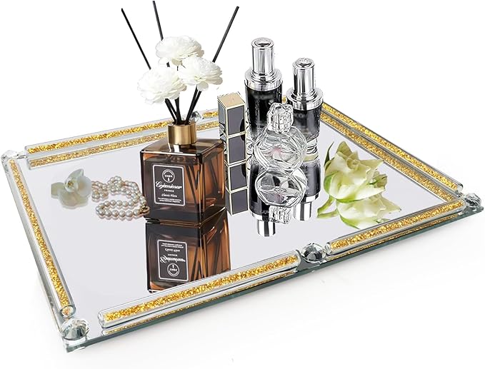 Large Gold and Glass Tray, 15.7" x 11.8" Crushed Diamond Mirror Perfume Makeup Display Tray, Noble Jewelry Trinket Cosmetics Crystal Makeup Organizer for Home Decor,Banquet Party (Golden)