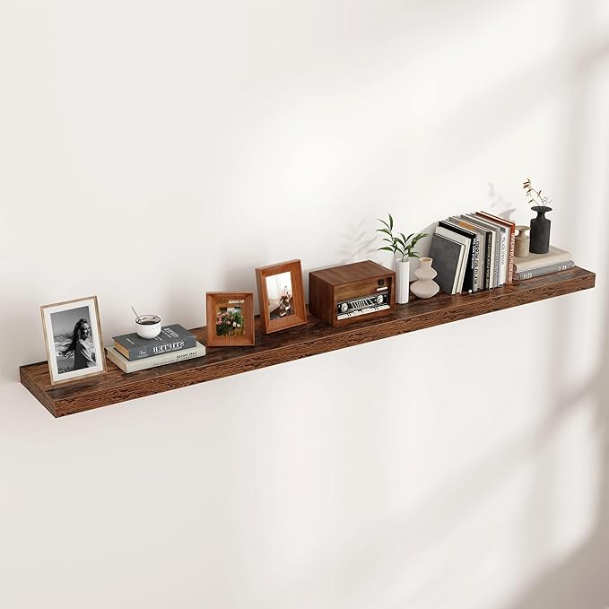 Venusmiles Floating Shelves for Wall, Engineered Wood Wall Shelves with Invisible Brackets for Living Room Bedroom Bathroom Office Kitchen Decor and Storage (Brown, 72" W x 9" D x 1.5" H) Set of 1